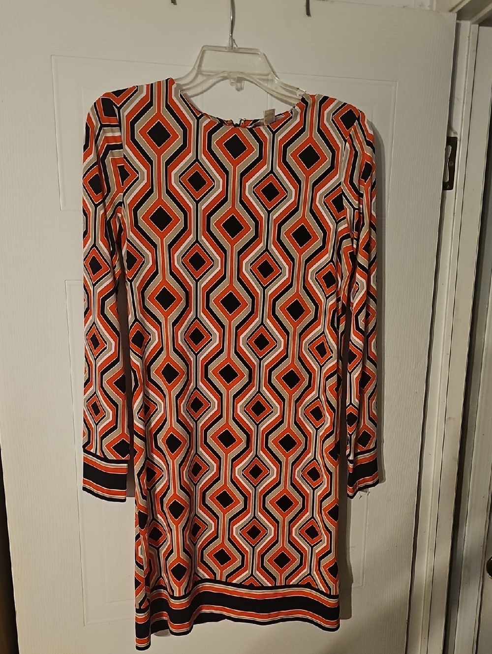 Michael Kors Orange and Black Geometric Long Sleeve Shift Dress